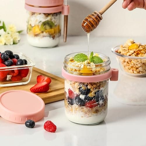 6 Pack Overnight Oats Containers with Lids and Spoons, 16 oz Glass Mason Overnight Oats Jars, Large Capacity Airtight Jars for Milk, Cereal, Fruit(Pink) thumbnail 2