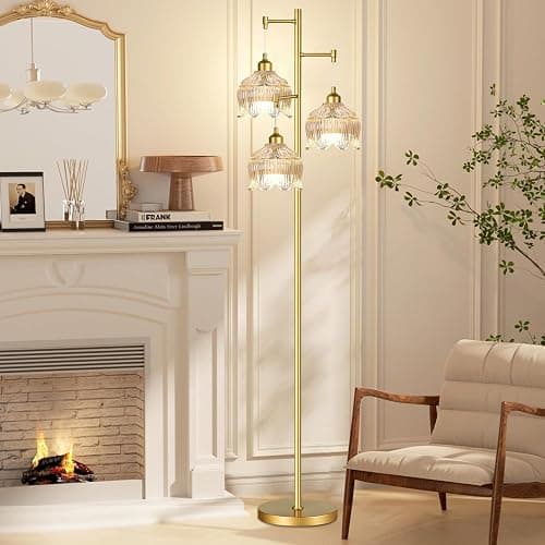 WLQCWL Vintage Floor Lamps for Living Room Bedroom-3 Light Gold Floor Lamp with Glass Lampshape, Flower Tall Lamp Glass Mid Century Standing Lamp Tree Floor Lamp for Living Room Corner thumbnail 2