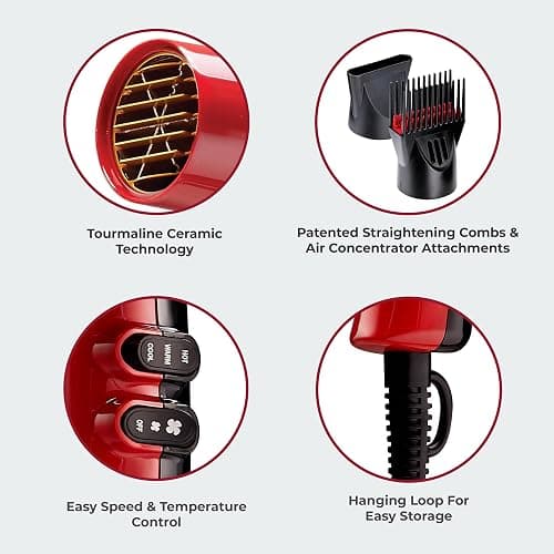 Kiss 1875 Watt Pro Tourmaline Ceramic Hair Dryer, Styling Edition, 3 Heat Settings, 2 Speed Settings, Cool Shot Button, 7 Blow Dryer Accessories Included, 2-Year Warranty - Red thumbnail 9