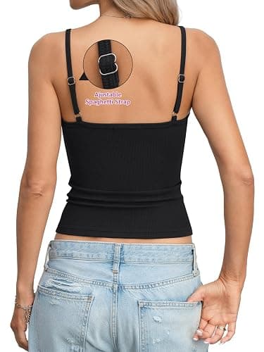 EasyGala Womens Cotton Ribbed Henley Tank Tops Square Neck Camisole Adjustable Spaghetti Strap Fitted Shirts Summer 2026 thumbnail 6