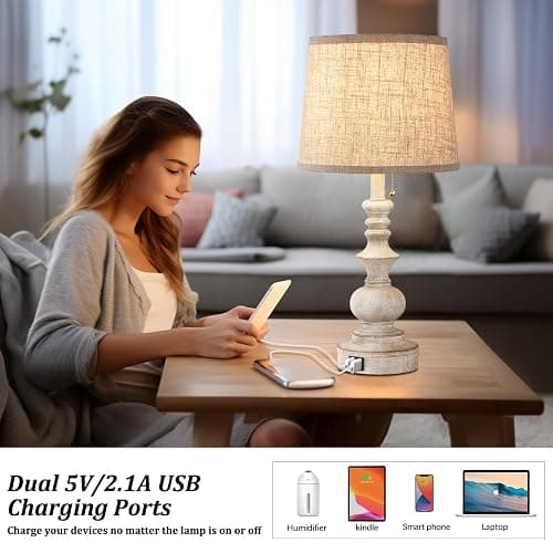 Drawealth Table Lamps for Bedrooms Set of 2 Farmhouse Bedside Lamps for Nightstand with USB Charging Ports Traditional Side Table Lamps for Living Room Wooden Finish, Pull Chain, Bulbs Not Included thumbnail 5