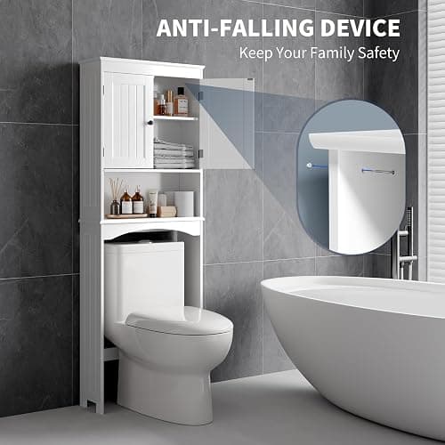 Bealife Over The Toilet Storage Cabinet with Open Shelf, Organizer with Adjustable Shelf and Double Doors,Over The Toilet Storage Shelf Free Standing- White thumbnail 5