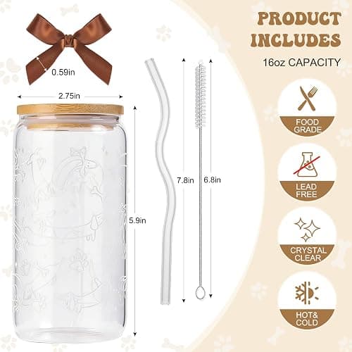 Dachshund Gift for Women, Funny Wiener Dog Gifts Glass Cup with Lid & Straw Coffee & Smoothie Tumbler for Weenie Lovers Dog Owners Pet Moms Wife teens Friend Sister for Mother’s Day Birthday thumbnail 3