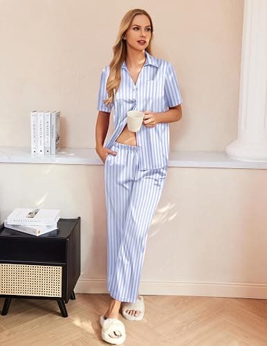 Ekouaer Silk Pajamas for Womens Set 2 Piece Fall Pjs with Pockets | Satin Short Sleeve Sleepwear, Soft Button Down Tops/ Wide Leg Pants for Lounging, Date Nights, Honeymoon, Bridal Wedding Day thumbnail 2
