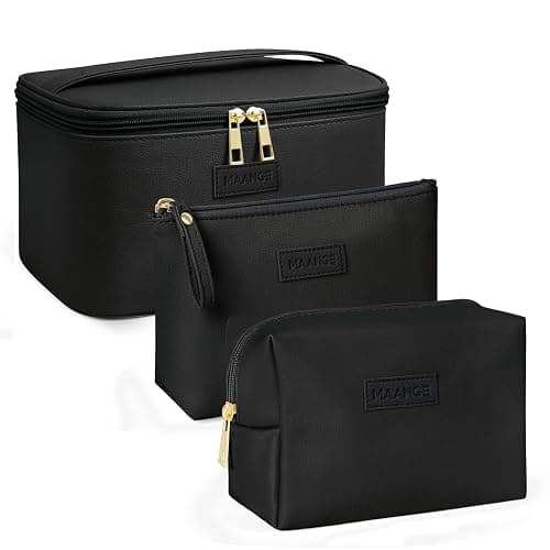 MAANGE Makeup Bag Waterproof Travel Cosmetic Bag PU Leather Cosmetic Pouch Portable Makeup Organizer Bag Large Capacity Toiletry Bag Multifunctional Storage Make Up Bag for Women (Black, 3Pcs) - Image 1