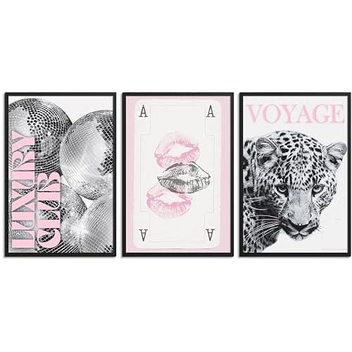 3Pcs Pink Lip Prints Poker Canvas Wall Art,Trendy Disco Ball Poster Print, Black And White Cheetah Wall Decor For Girly Room Apartment Dorm 8X12 in Unframed-Canvas Rolled Up - Image 1
