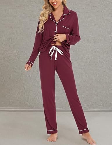 Anjue Pajamas for Women Soft Button Up Pajama Set Long Sleeve Shirt and Pajama Pants Lounge Sets S-XXL thumbnail 5