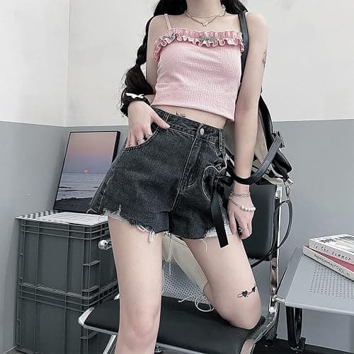 RILGOU Women Y2K Harajuku Style Kawaii Pastel Goth Fashion Casual A-Line Vintage Ribbon Ripped Trim Jeans Shorts thumbnail 4