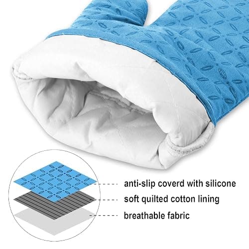 KEGOUU Oven Mitts and Pot Holders 6pcs Set, Kitchen Oven Glove High Heat Resistant 500 Degree Extra Long Oven Mitts and Potholder with Non-Slip Silicone Surface for Cooking (Sky Blue) thumbnail 4