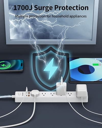 10 Ft Power Strip Surge Protector - 7 Outlets 4 USB Ports (2 USB C), Ultra Thin Flat Extension Cord & Flat Plug, 1700 Joules, Wall Mount, Desk Charging Station for Home Office Dorm, White thumbnail 6