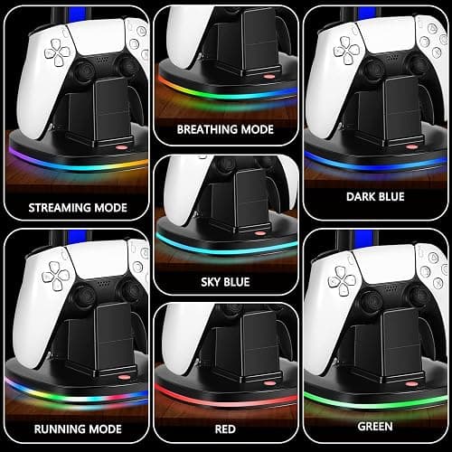 JDGPOKOO PS5 Controller Charging Station with RGB Headphone Stand, PS5 Controller Charger Holder with 2 USB Port, Headset Stand for PlayStation 5 & DualSense Edge Controllers Charging Dock thumbnail 3