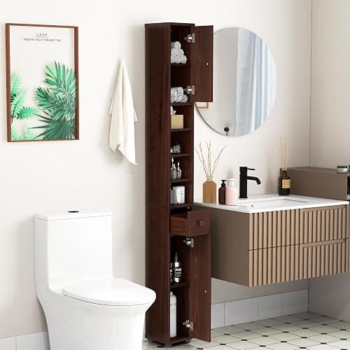 Tangkula Tall Slim Bathroom Storage Cabinet, 71" Freestanding Bathroom Cabinet w/ 2 Doors, 1 Drawer & 5 Adjustable Shelves, Floor Narrow Tower Cabinet for Small Spaces, 8" x 8" x 71" (Brown) thumbnail 2