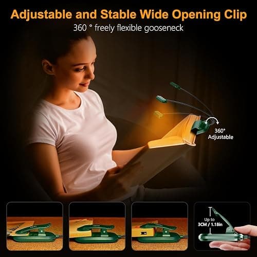 Gritin 19 LED Book Light, Reading Light Book Lamp for Reading at Night with Memory Function, 3 Eye-Protecting Modes& 5 Brightness Levels, Large Lamp Area, 360° Flexible for Reader-Dark Green thumbnail 5