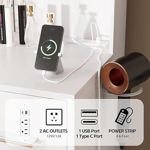 Furmax Vanity Desk with Mirror, LED Lights and Power Outlet Makeup Vanity Table with 7 Drawers and 6 Storage Shelves Dressing Table for Bedroom Dressing Room (White) thumbnail 8