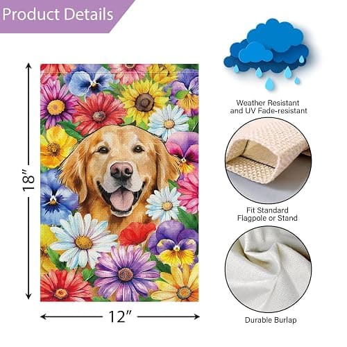 Louise Maelys Welcome Spring Golden Retriever Dog Garden Flag 12x18 Double Sided, Burlap Small Daisy Pansy Flower Yard House Outside Outdoor Summer Porch Lawn Decoration thumbnail 5