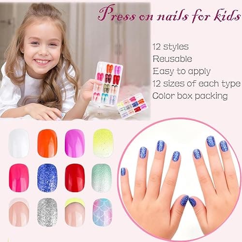 Jsiallye 288Pcs Press On Nails For Girls,12 Colors Kid Fake Nail Kit Short Press on Nails For Kids,Stick On Nails Stuff for Girls 7-12 Years,4Colors Glitter Base And Multicolo French Tip nails thumbnail 2