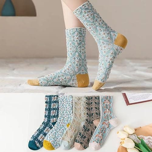 DXYAKY 5 Pairs Womens Floral Cotton Socks Vintage Patterned Crew Socks Novelty Ankle Ruffled Warm Casual Dress Socks thumbnail 5