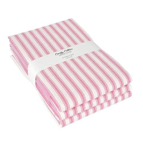 Candy Cottons Stripe Kitchen Towels With Hanging Loop - Boho Absorbent Dish Towels Set of 3 - Festive Gift 18x28 Inch Reusable Pantry Decor - Trendy Spring French Pink - Image 1