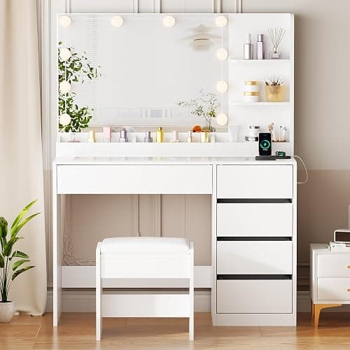 ANWBROAD Schminktisch mit LED Beleuchtung und Hocker, Glasplatte, Schminktisch mit Steckdosen und Großer Spiegel, Frisiertisch mit 5 Schubladen Offenen Regalen, Modern Weiß BDT74W thumbnail 7