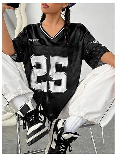 Verdusa Jersey Shirts for Women Y2K Graphic Tees Oversized Streetwear T Shirt V Neck Football Jersey thumbnail 4