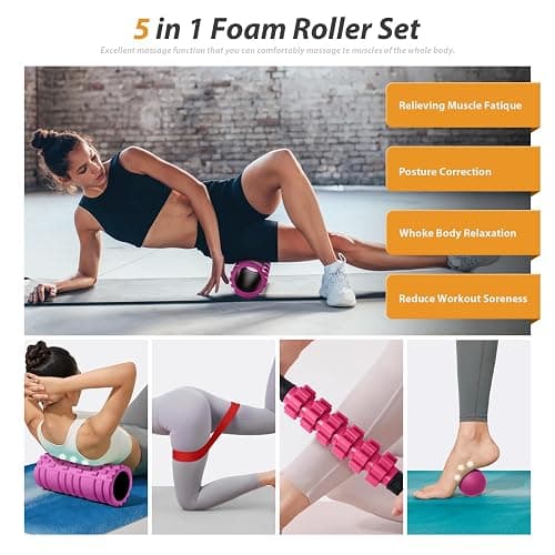 5 in 1 Foam Roller Set for Deep Tissue Muscle Massage, High Density Fitness Exercise Foam Roller, Massage Roller, Massage Ball, Resistance Band, for Whole Body (Pink-Black) thumbnail 2