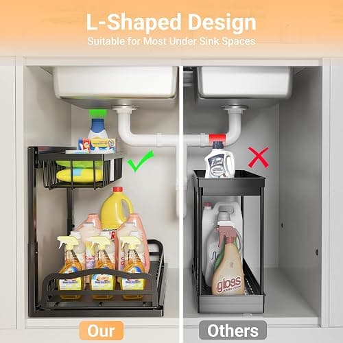 AceMining Under Sink Organizer, 2 Pack Pull-Out Under Cabinet Organizer, 2 Tier Under Sink Storage with Sliding Basket, L-Shaped and Adjustable Height Design for Kitchen and Bathroom thumbnail 8