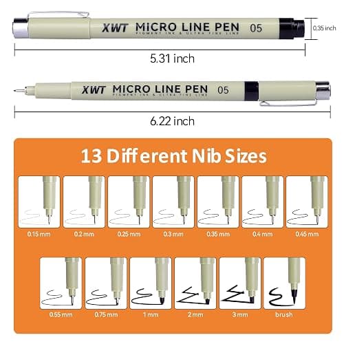 XWT 12+1 Fineliner Drawing Art Pens, Black Waterproof Pigment Ink Set for Artists, Sketching, Manga, Watercolor, Calligraphy, and Detail Outlining Archival Quality Inking Markers thumbnail 2
