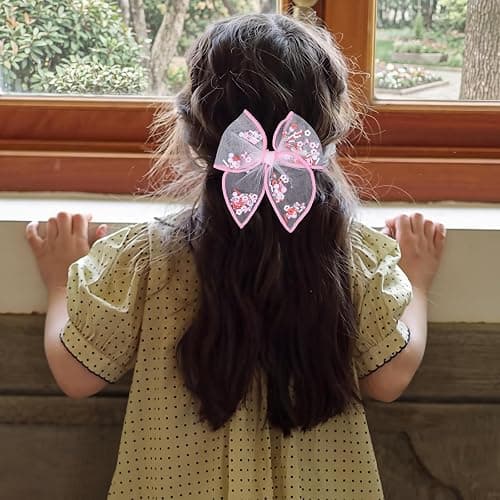 Cherry Fable Bow Hair Clips 4" Pink Mesh Tulle Fruit Shaker Hair Bow Alligator Barrettes for Teen Girls Women Summer Wedding Birthday Party Favor Dress Decor Accessory Set of 2 thumbnail 5
