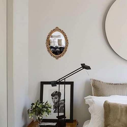 OIGUMR Oval Smallest Wall Mirror Resin Frame Size：12 x 8.3 inch Mirror Vintage Hanging Mirrors for Bedroom Living-Room Dresser Decor Gold thumbnail 2