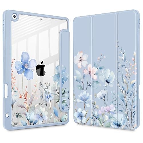 May Chen for iPad 9th Generation with Pencil Holder, iPad 8th/7th Gen Case 10.2-inch, [Penceil Holder] Trifold Stand Auto Wake/Sleep Clear TPU Protection Back Cover, Wild Flowers - Image 1