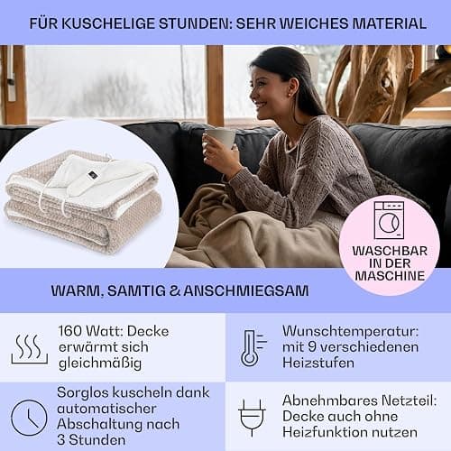 Klarstein XL Elektrische Kuscheldecke, Heizdecke mit Abschaltautomatik, 180x130 cm Elektrische Wärmedecke Maschinenwaschbar, Doppelseitige Heizdecke für Bett & Sofa, Wärme Decke mit 9 Heizstufen thumbnail 3