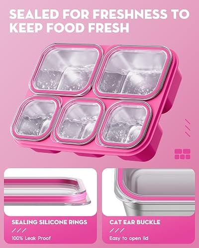 BiuLeon Snackle Box Containers, Stainless Steel 5 Compartments Divided Serving Tray with Lid, Removable LeakProof Portable Bento Box for Fruit Candy Nuts Food - School, Picnic and Travel（Pink） thumbnail 5