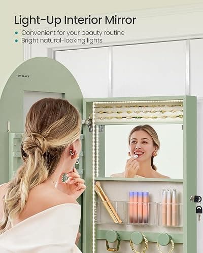SONGMICS Wide Jewelry Organizer, LED Jewelry Cabinet Wall/Door Mounted, Arched Mirror with Storage, Lockable, Rounded Corner, Interior Mirror, 3.9 x 16.5 x 42.5 Inches, Laurel Green UJJC020C01S thumbnail 6