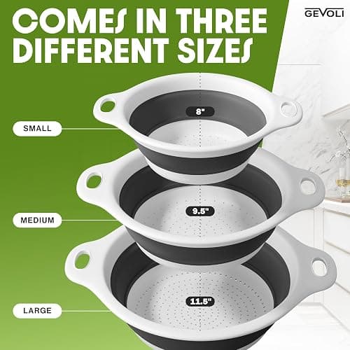 Gevoli Collapsible Colanders (3 Pack Set) Food Strainers with Over-Sink Water Draining Base for Pasta Fruits and Vegetables, White (3 Sizes, 3QT, 4QT and 5 Quart) thumbnail 3