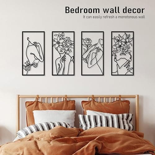 Bakovity Black Metal Wall Decor, Abstract Woman Wall Art, Minimalist Line Wall Decor, Modern Aesthetic Metal Wall Art for Bedroom Bathroom Living Room (4 Pcs, 17 x 9 in) - Dark Black thumbnail 3