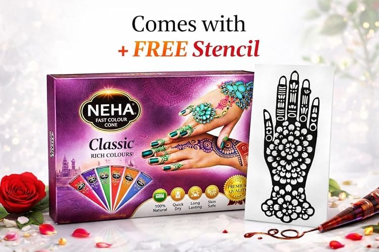 NEHA Premium Henna Cones, Classic Rich Colours, Fast Colour, Long Lasting, 12 Vibrant Colours Pack with Free Henna Stencil thumbnail 7
