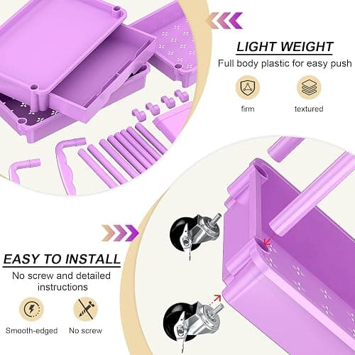 Goovilla 3 Tier Rolling Utility Cart Organizer with Removable Drawer, Stable and Sturdy Purple Rolling Storage Carts with 2 Lockable Wheels for Bathroom, Kitchen, Snack, Craft, Makeup, Baby Essentials thumbnail 4