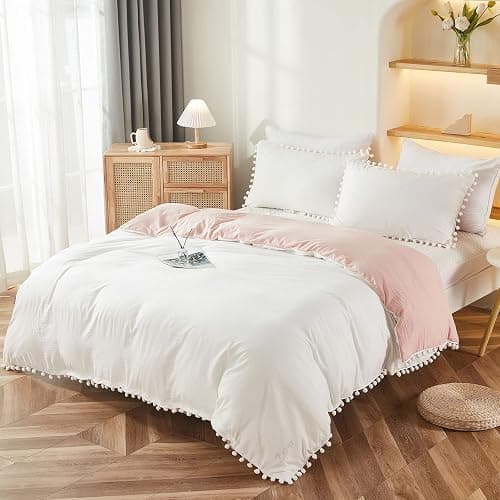 Bedbay Pink Comforter Set Twin Size Dorm Bedding Cute Pom Pom Fringe Boho Comforter White and Pink Reversible Bedding Sets for Girls Boys Soft Washed Microfiber 2 Pcs thumbnail 3