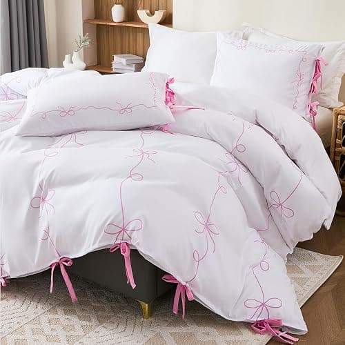 Pink Bow Duvet Cover Twin White and Pink Bedding Set Bowknot Bow Tie Cute Bedroom Decor Girls Coquette Comforter Cover Romantic Dreamy Decor - Image 1