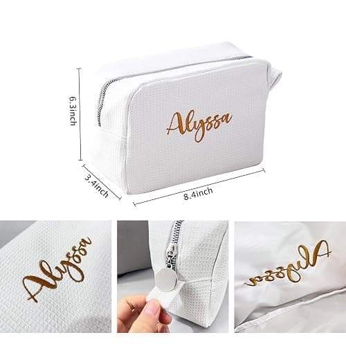 GOPHIE Personalized Embroidered Makeup Bag,Custom Waffle Fabric Cosmetic Pouch for Women, Travel Makeup Pouch (1, White) thumbnail 3