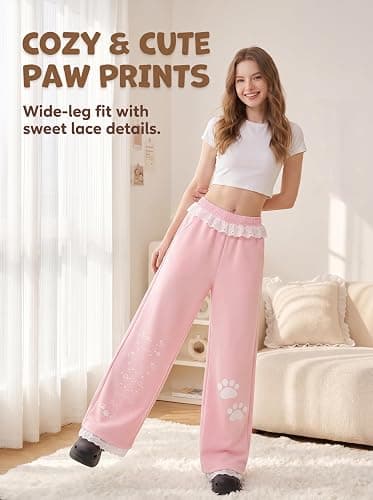 Women Kawaii Cat Paw Wide Leg Sweatpants Lace Trim Coquette Y2K Loungewear thumbnail 8