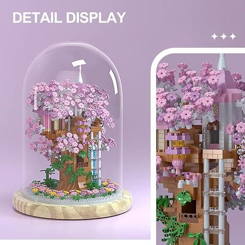DIY Flower Building Toy Sets Miniature Cherry Blossom Tree House Building Kit, Purple & Yellow Sakura Flowers, Building Blocks Set for Adults & Girls - Bonsai Tree Model with Dust Cover (Pink) thumbnail 2