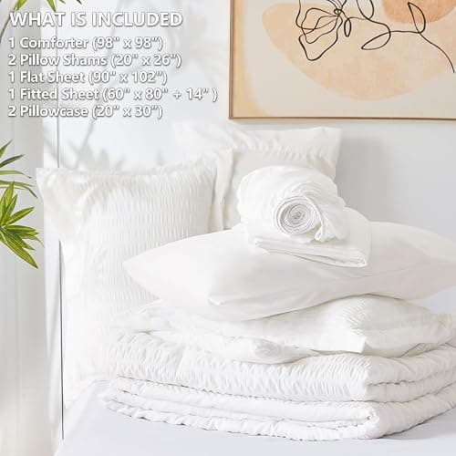 CozyLux Oversized Queen Comforter Set White Seersucker 7 Pieces 98x98 Bed in a Bag Comforter Set with Sheets, Luxury Soft Bedding Sets with Down Alternative Comforter, Sheets, Pillowcases & Shams thumbnail 6