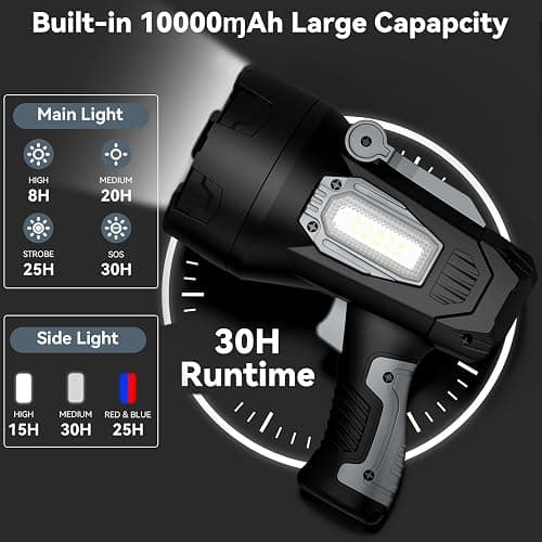 Rechargeable Spotlight 200000 Lumens, Waterproof Super Bright Spotlight Flashlight, LED Spotlights with 3 Color Lenses and Foldable Stand, Long Runtime Large Handheld Spot Light for Outdoor Boating thumbnail 4