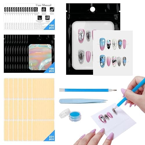 100PCS Press On Nail Packaging Bag for Nail Art Business Salon | 100 Sets Press On Nail Packaging Kits with Holographic Bag, Nail Card, Adhesive Tape, Diamond Art Pens, Glue Clay & Tweezers - Image 1