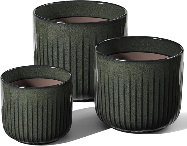 LE TAUCI Fluted Ceramic Planters Set of 3 – 8.3 / 7 / 5.7 in Dark Olive Reactive Cylinder Indoor Plant Pots with Drainage Plug & Mesh, Glossy Stoneware Flower Pots for Succulents Herbs - Reactive Glaze Dark Olive - Image 1