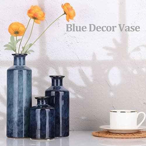 Blue Ceramic Vase Set - 3 Blue Small Vases, Farmhouse Country Flower Vase Home Decor, Living Room Decoration, Table Decoration, Fireplace Decor, and Entrance Decorations Centerpieces thumbnail 9