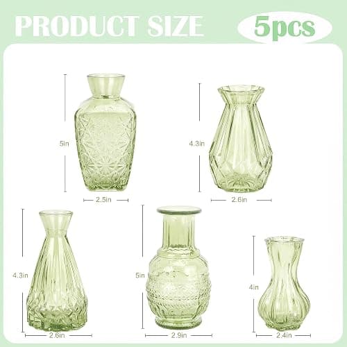 Glass Bud Vases in Bulk Set of 5, Green Small Mini Vases for Flowers, Vintage Vase for Centepiece,Wedding, Table Decor, Baby Shower, Christmas, Home and Events thumbnail 3