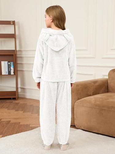 Haloumoning Girls 2 Piece Outfits Kids Fuzzy Bear Ear Hoodies Pullover Sweatshirt and Sweatpants Cute Clothing Sets thumbnail 5