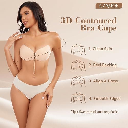 GZAMOF Sticky Adhesive Push-Up Invisible Strapless Bras for Women thumbnail 6